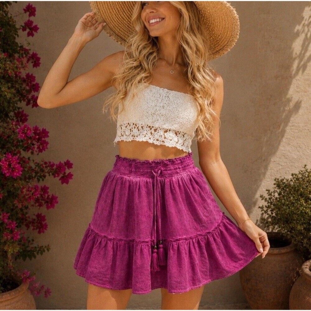Pilcro Anthropologie Giulia Pink Tiered Mini Skirt Tassel Tie Boho Linen Blend S